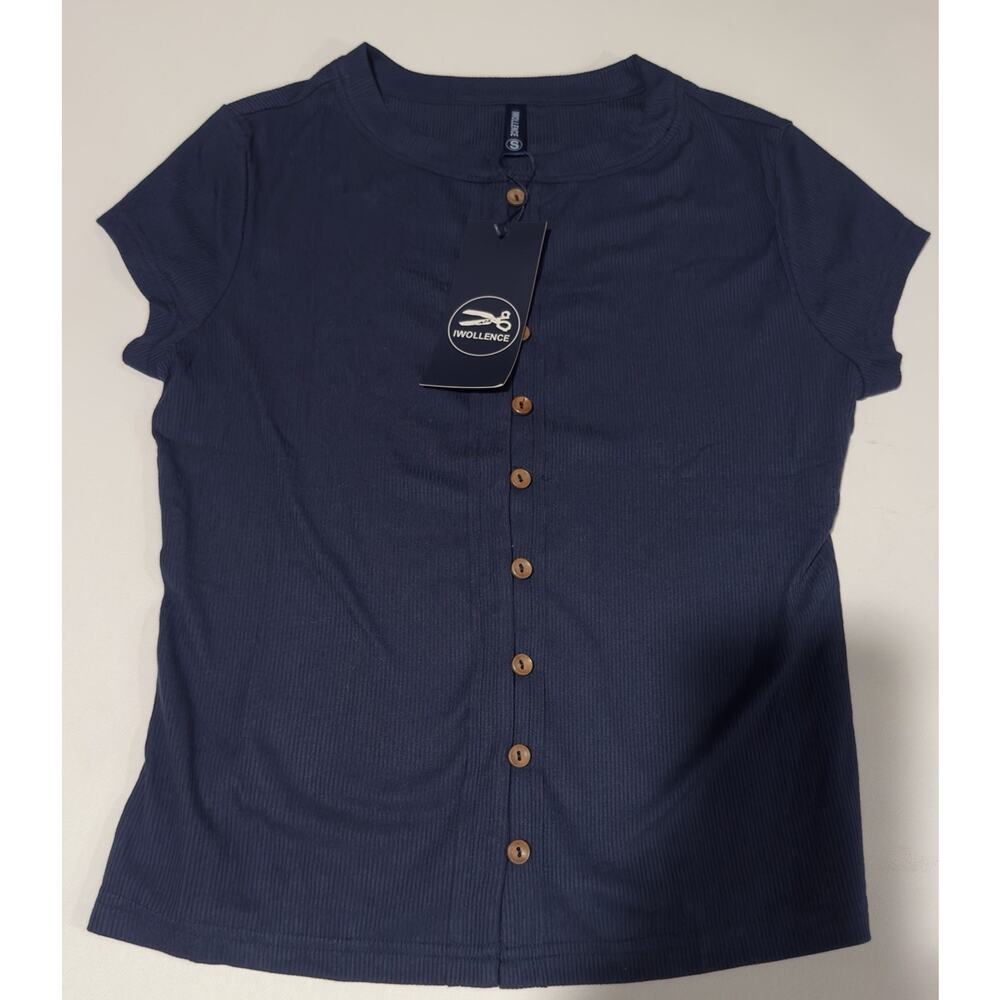Wollence Navy Blue Ribbed Button Front Top Womens Small Short Sleeve Stretch NWT